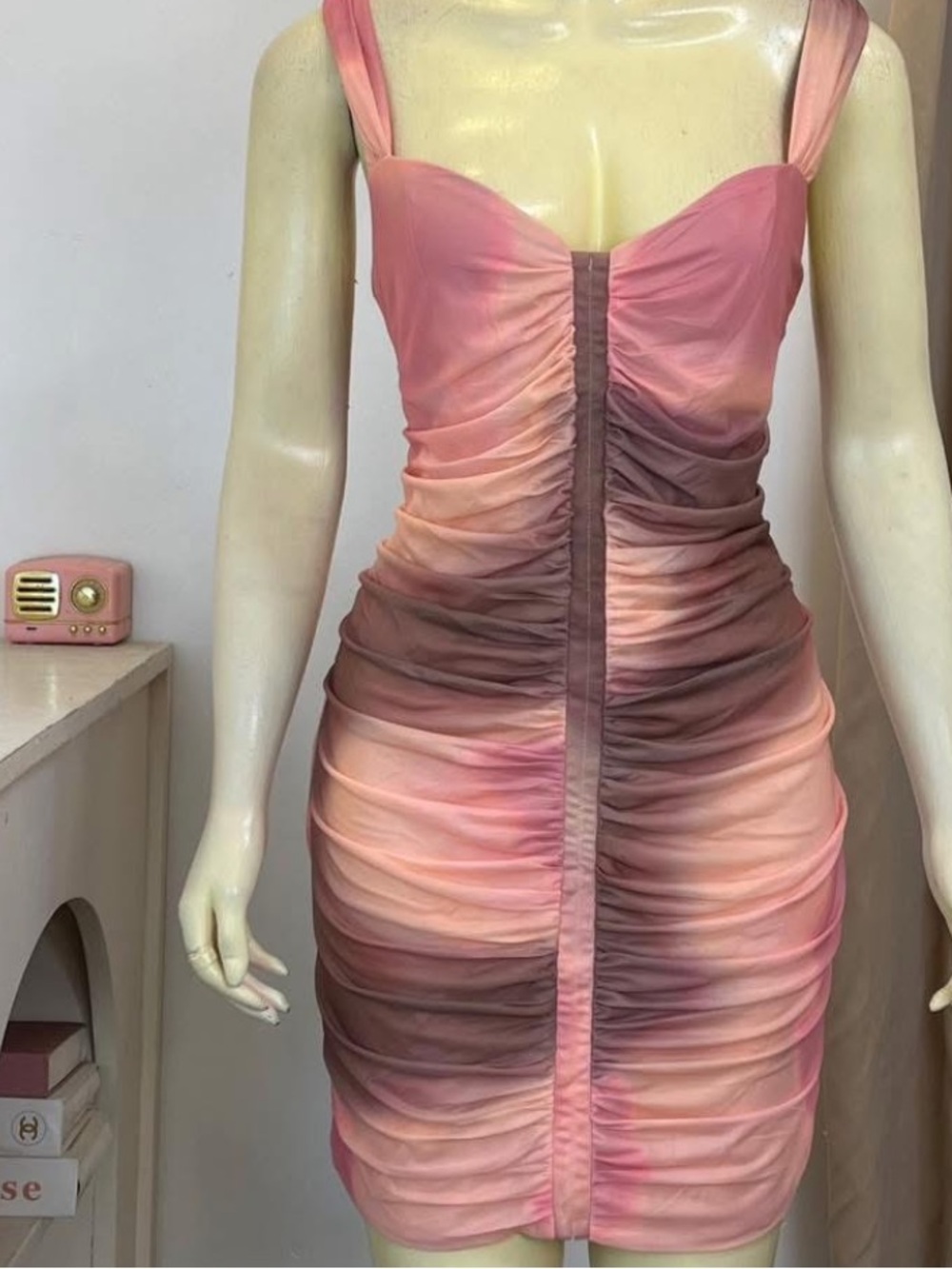 ZARA Blogger Fav Short Printed Tulle Dress Pink Orange Ombre Ruched Bodycon Mini - Picture 12 of 14